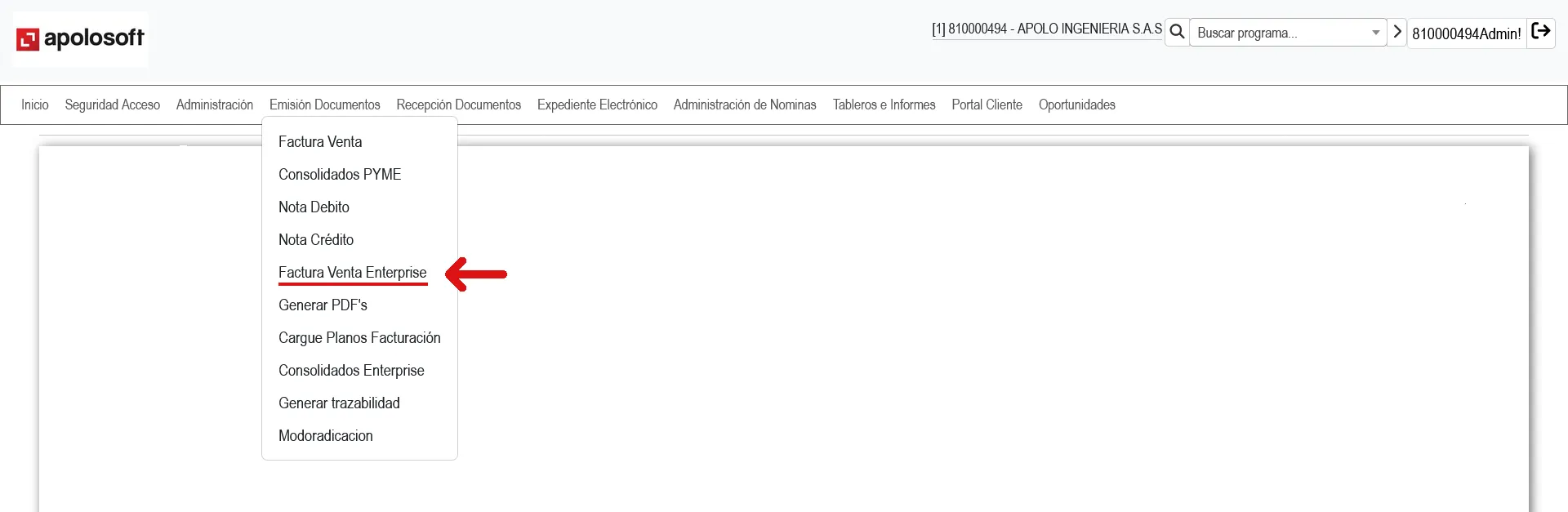 Navegación hacia factura venta enterprise