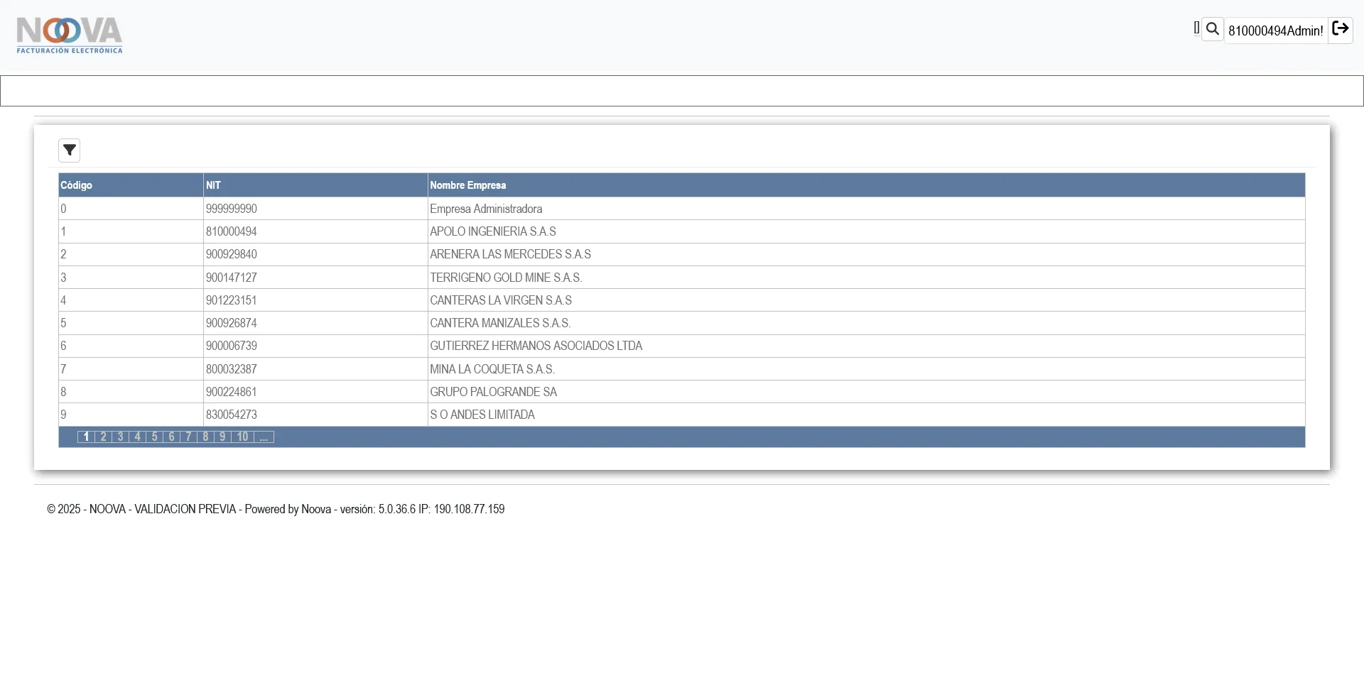 Página de selección de cliente