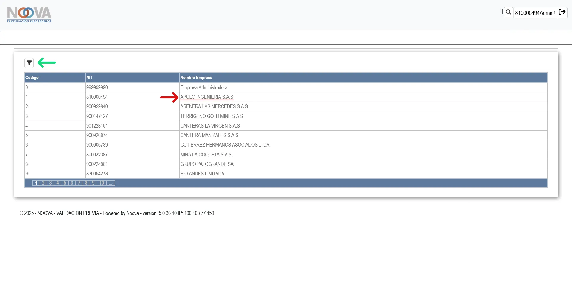 Página de selección de cliente