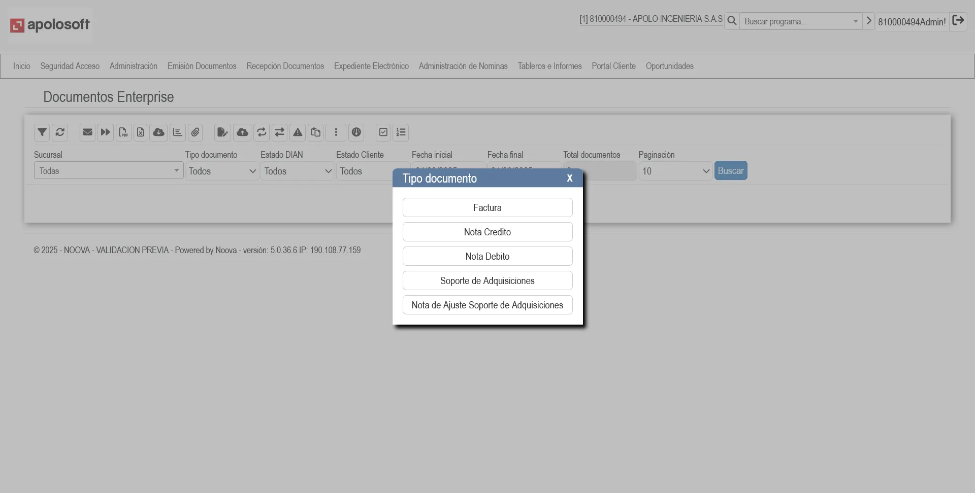 Pantalla selección de documento