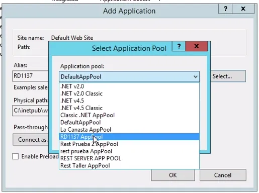 Menú para vincular a AppPool